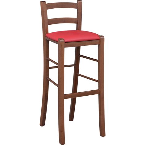 Sgabello di legno noce scuro con schienale h 80 cm seduta similpelle rosso (1/5)