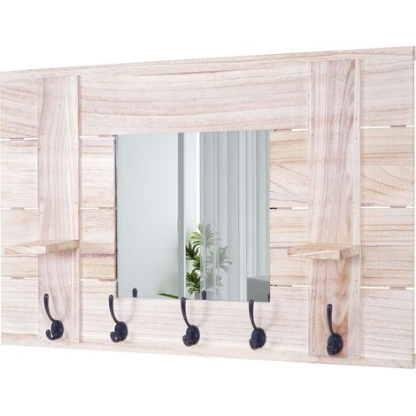 [JAMAIS UTILISÉ] Garderobe murale HHG-933 avec miroir, planche vestiaire, vintage, 5 crochets 90x60cm, brun naturel
