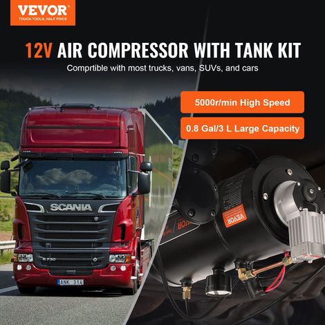 Compresseur d'Air pour Kit de Klaxon Pompe à Air avec Réservoir 3 L 90-120 psi pour Gonflage des Pneus Matelas Pneumatiques Compatible avec Tout Véhicules 12 V Trains Bateaux Voitures Atelier (1/5)