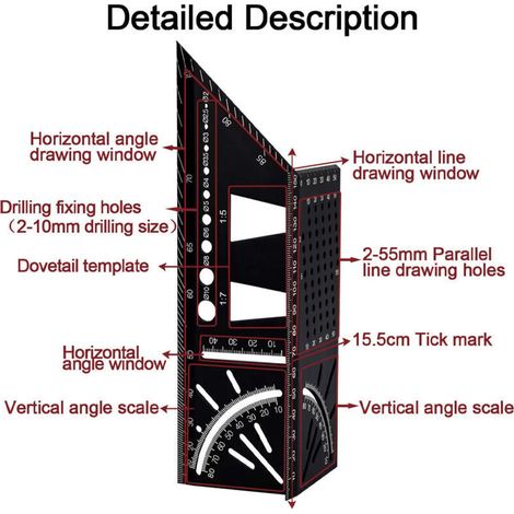 Carré de menuiserie 3D en alliage d’aluminium – Règle d’angle réglable 45° à 90° pour charpentiers et professionnels du bâtiment
