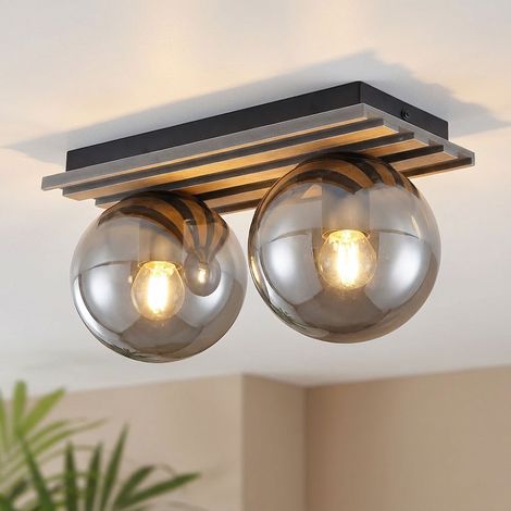 LED Deckenlampe Deckenleuchte Wohnzimmerlampe Rauchglas Glaskugel 2 flammig, Metall Glas MDF, 2x 6,5W 806LM warmweiß, LxBxH 35x15x20 cm
