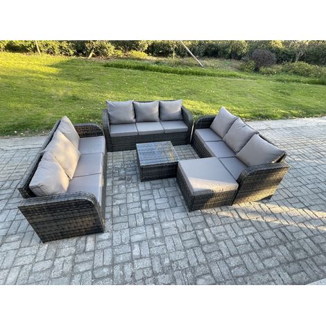 Fimous Ensembles de meubles de jardin 10 places Ensemble de canapés en rotin avec Table basse carrée Grand tabouret (1/5)