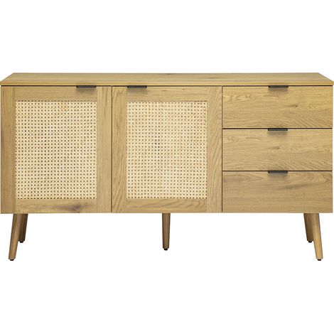 Sideboard in heller Holzoptik, Rattangeflecht und schwarzes Metall, 2 Türen, 3 Schubladen L135 cm MANILLE (1/5)