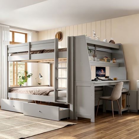 Letto a castello 140x200 cm con scrivania e contenitori, 2 cassetti, struttura stabile per camera, legno - grigio (1/5)