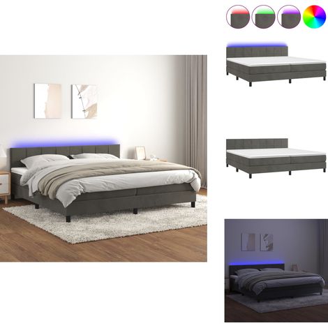 Sommier à lattes de lit avec matelas LED Gris foncé 200x200 cm - Sommier Tapissier - Lit Capitonné - Lit Velours - Éclairage Led - Matelas À Ressorts Ensachés (1/5)