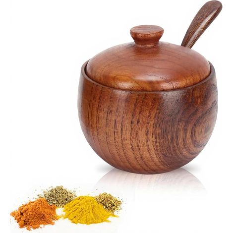 Pot a Sel Bois avec Cuillere et Couvercle, Pot à Épices Spice Jar de Cuisine, pour Sel, Sucre, Condiments, Domestique, Restaurants, Pique-Nique (1/5)