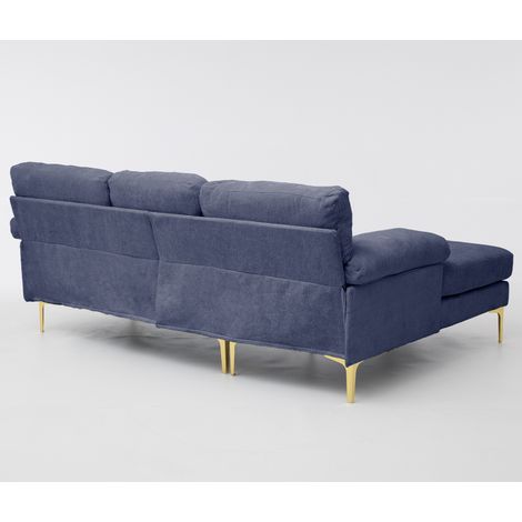 Canapé d'angle 3 places en tissu chenille bleu avec côté lit réversible, armrests rembourrés et pieds en métal (1/5)