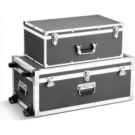 Malle de rangement en métal, lot de 2, coffres en bois avec cadenas, grand coffre avec roulettes et 3 poignées métalliques, boîte décorative avec couvercle pour voyage, appartement, dortoir, gris (1/5)