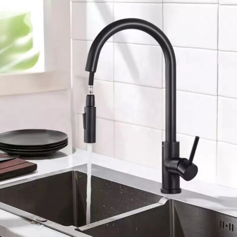 Robinet Cuisine Noir, Mitigeur Cuisine avec Douchette Extractible, 2 Modes de Pulvérisation et Pivotante à 360°, (1/4)