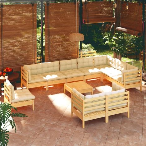 Teenpull – 11-tlg. Garten-Lounge-Set mit Creme Kissen Massivholz Kiefer (1/5)