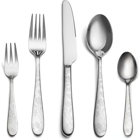 Lot de 30 Couverts de Table Inox pour 6 Personnes, Couteau Fourchette Cuillère, Motif Unique, Finition Brillante, Idéal Maison Cuisine, Lavable au Lave-Vaisselle (1/4)