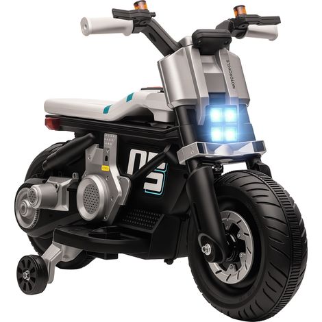Moto Elettrica per Bambini 3-5 Anni in PP e Metallo con Rotelle, Clacson e Musica, 86x44x58 cm, Bianca e Nera