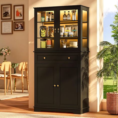 Küchenschrank, mit 5 Ebenen, 1 Schublade, Holz & Glas, mit Kippschutz, 180x75x40 cm, für Küche & Esszimmer, Schwarz