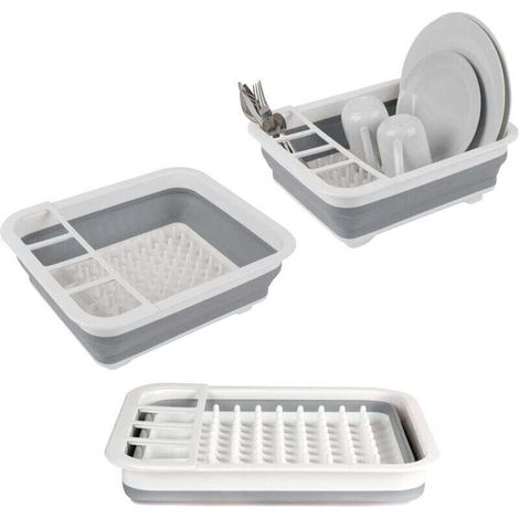Égouttoir à vaisselle pliable avec porte-ustensile - parfait pour les propriétaires ou le camping, résistant à la déchirure, conception peu encombrante, pieds antidérapants, Gris (1/4)