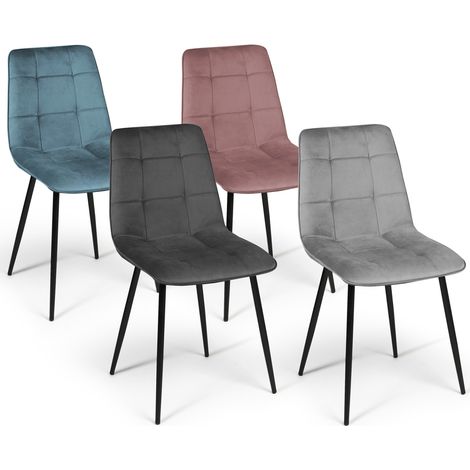 Idmarket – Lot de 4 chaises en velours pastel – Dossier haut 88 cm – Assise confortable 45 cm – Pieds métal noir – Mix bleu, gris clair, gris foncé, rose (1/5)