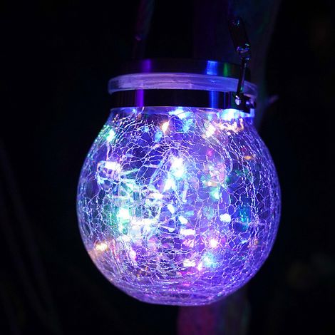 Lanterne solaire en verre craquelé, 30 LED, étanche, à suspendre en forme de bocal, pour terrasse, cour ou festival (4 couleurs) (1/5)