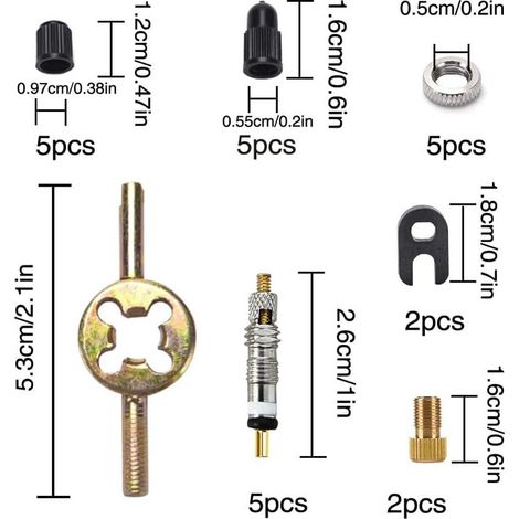 Sclaverand 25-teiliges Ventil-Reparaturset – Presta-Adapter, Fahrradreifenwerkzeug, 5 Ventile, 2 Schrader-Adapter, Kappen, 2 Schraubenschlüssel, 5 Muttern (1/4)