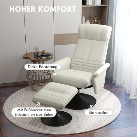 Fauteuil relax pivotant avec repose-pieds, inclinable pour TV, supporte jusqu'à 150 kg, tissu microfibre blanc crème, idéal salon et chambre, 2 pièces. (1/5)