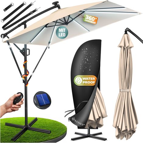 KESSER® Ampelschirm Holly Sonnenschirm Rechteckig mit und ohne LED Solar inkl. Abdeckung + Windsicherung mit Kurbel Kurbel-Schirm mit Ständer Beige / Mit LED (1/5)