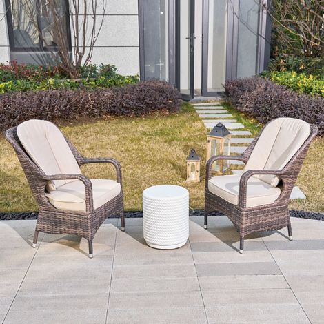 Abrihome 2-Piece Outdoor PE Rattan Brown Dining Chairs Paired with a White Terrafab Composite Coffee Table for Outdoor (1/5)