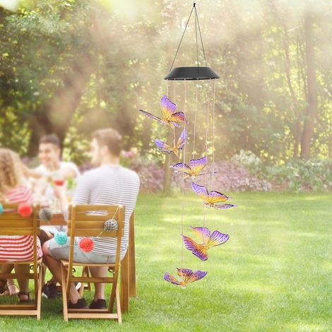 Wasserdichte LED-Solar-Windspielleuchte zum Aufhängen für die Dekoration von Innen- und Außenbereichen im Garten, lila-gelb lackiert (1/5)