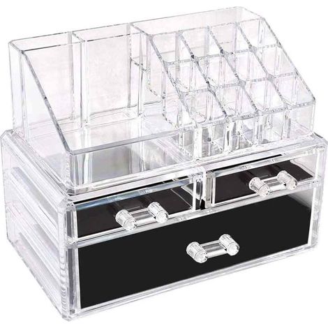 Organizer per trucchi e pennelli scatola trasparente con cassetti e scomparti organizzatore per cosmetici espositore 2 cassetti piccoli 1 grande (1/5)