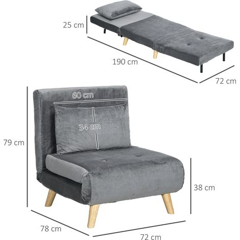 Fauteuil convertible 2 en 1 (lit d'appoint), 72 cm x 78 cm x 79 cm, gris (1/5)