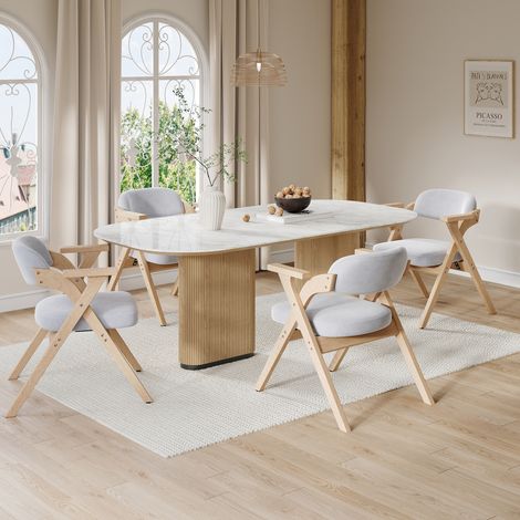 Conjunto de 4 sillas de comedor plegables, sillón de lino, estructura de madera - Salón/Cocina, Gris + Natural (1/5)