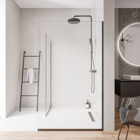 BERNSTEIN - 2 pareti doccia walk-in 70x200cm + 90cm, vetro NANO 10mm, profilo a parete + pavimento ininox nero opaco - EX102 70 cm, 90 cm, Con profilo a pavimento
