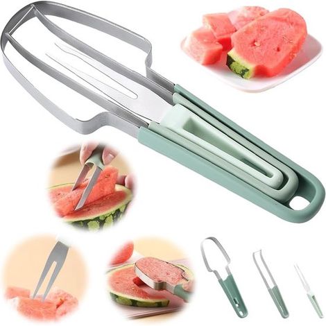 Cortador de sandía 3 en 1, cortador de fruta, nuevo cortador de sandía, cortador de sandía de acero inoxidable, camping, picnic (verde) (1/5)