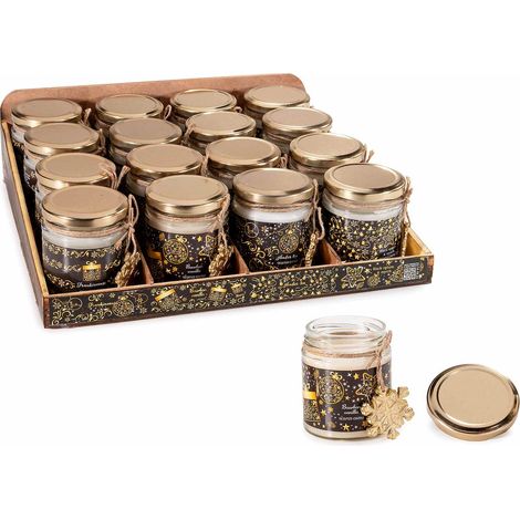 Candele di Natale profumate in vasetto di vetro con decori natalizi e con pendaglio a fiocco di neve dorato, set da 16 pezzi, Candela: Ø 6,5 cm x 8 H