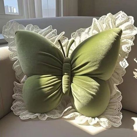 Kissen, Schmetterlingsform, Samt, Spitze, 40 x 45 cm, Grün, Sofa, Bett, Stuhl (1/5)