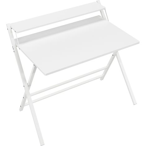 Yaheetech Scrivania Pieghevole per Computer a 2 Livelli Tavolo Pieghevole in Legno Moderno Design Scrivania Salvaspazio Compatto Tavolino con Ripiano per Monitor Bianco/Grande (1/5)