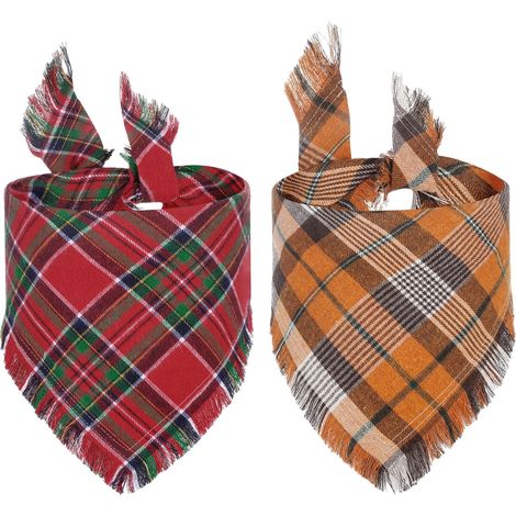 2 bandanas pour chien, foulard triangulaire en coton, nouable facilement, motif carreaux orange, pour chiens moyens à grands (1/5)