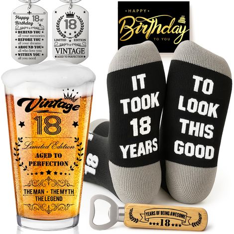 Cadeau pour 18e anniversaire garçon, verre à bière personnalisé avec gravure, verre à bière 2007 dans une boîte en tonneau de 470 ml, décoration d'anniversaire 18 ans avec carte d'anniversaire (1/5)