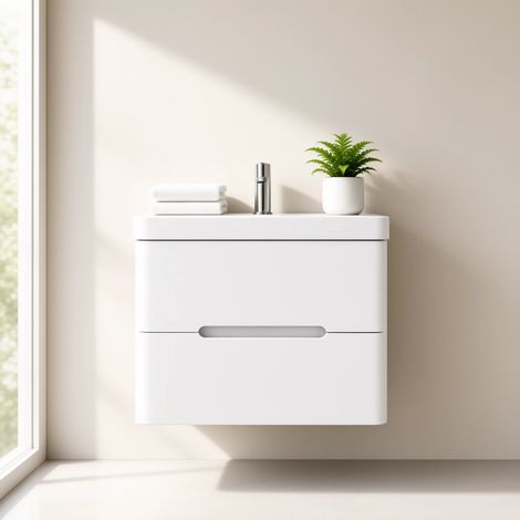 Meuble Salle de Bains avec vasque/lavabo FIDJI 80 suspendu laqué Blanc brillant avec plan en résine (1/5)