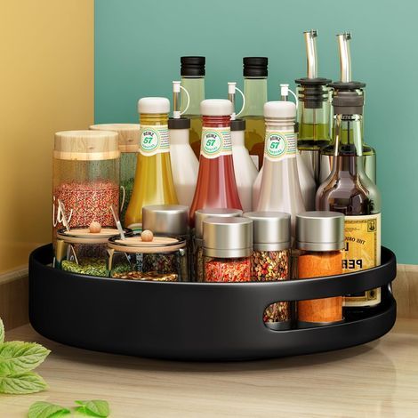 12" Lazy Susan Organizer,Noir Rack à éPices Rotatif En MéTal Et Acier Avec Table Tournante Pour Le Garde-Manger De La Cuisine (1/4)