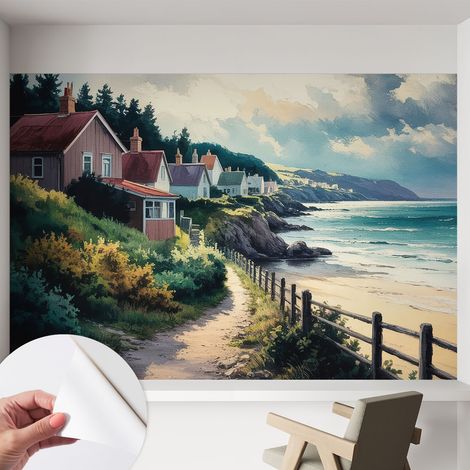 Papier peint adhésif décoratif pour chambre et salon Design moderne à poser facilement Maisons sur la falaise 152x104 cm (1/5)