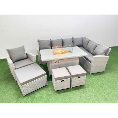 Fimous 10 Seat Rattan Garden Furniture Corner Sofa Set Outdoor Gas Fire Pit Table Set with 3 Footstools Light Grey (1/4)