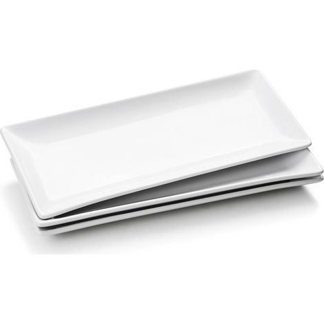 Lot de 3 Plateaux de Service, Assiettes Rectangulaires Blanches 35x15 cm, Grandes Assiettes à Dîner en Porcelaine, Plateaux de fête pour Dessert, Buffet, Entrée, Steak (1/5)