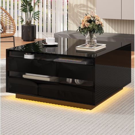 Tavolino da salotto elevabile 70 x 70 x 38 cm con LED, contenitore e cassetto, nero DESVIAE (1/5)