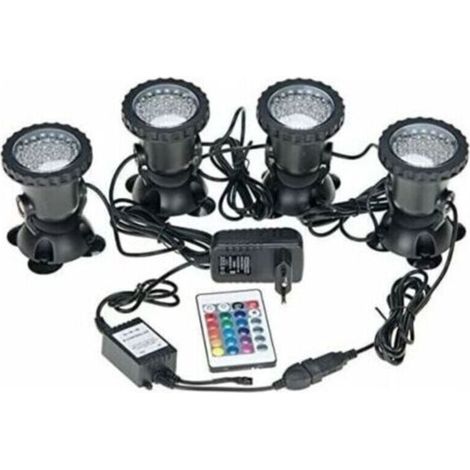 Multi-coloured RGB waterproof underwater spotlights for aquariums with remote control for garden ponds, aquariums, swimming pools, UK plug (set of 4 lights) (1/5)