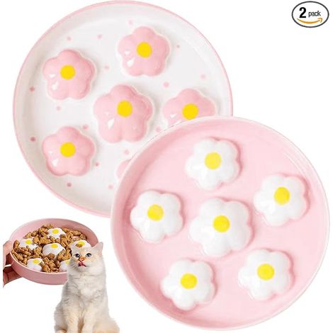 Lot gamelles anti-glouton chat - céramique - Design labyrinthe floral - Largeur : 16 cm - Passe lave-vaisselle - Couleurs pastel (blanc et rose) (1/3)