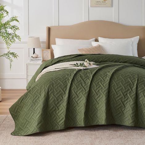 Couvre-lit élégant avec préimpression par ultrasons en vert olive 170 x 210 cm – Couverture polyvalente pour la maison comme couvre-lit ou jeté de canapé, style édredon Idéal comme (1/5)