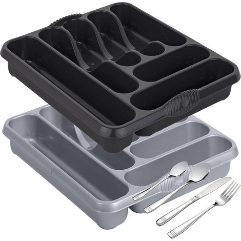 2 x Silver Large 7 Compartment Cutlery Tray Rack Holder For Drawer Organisation