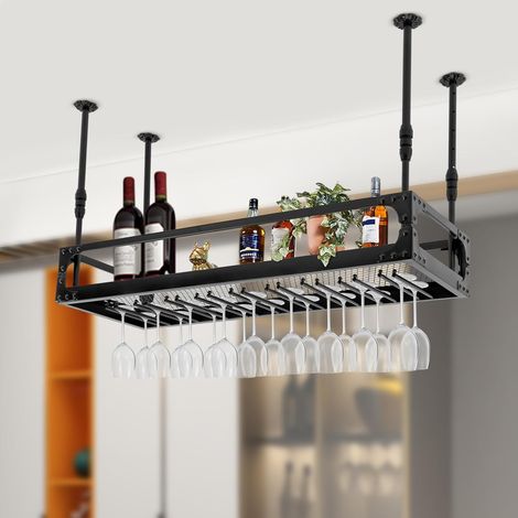 100 cm Casier à vin monté au plafond Étagère de cuisine suspendue noire Étagère de cuisine réglable en hauteur Étagère à vin en fer forgé Étagère suspendue Convient pour cuisines (1/5)