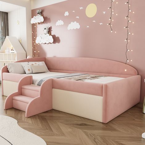 Polsterbett 90x190 cm aus Samt mit Schutzbügel und Stufen, modernes Bicolor-Design (1/5)