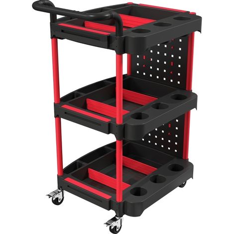 Carrello in alluminio a 3 ripiani 64x48x95,5 cm con pannello, ganci e freni nero/rosso (1/5)