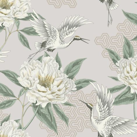 Flying Cranes Neutral Wallpaper Grandeco Birds Green Leaves Geometric Metallic (1/2)