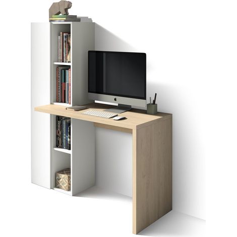 Bureau, collection NELLE, avec étagères et armoire en mélamine. Chêne clair-Blanc